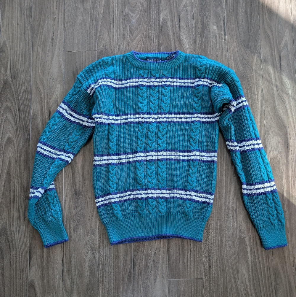Vintage 90's Teal And Purple 100% Cotton Crew Cable Knit Sweater (Size Large)